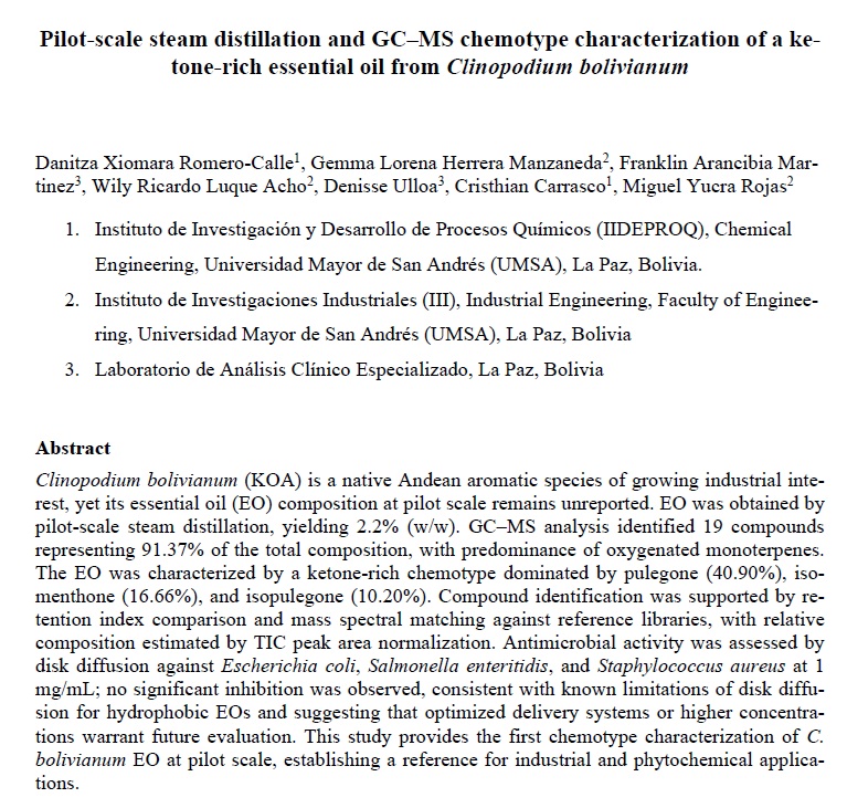 Pilot-scale steam distillation and GC–MS chemotype characterization of a ketone- rich essential oil from Clinopodium bolivianum